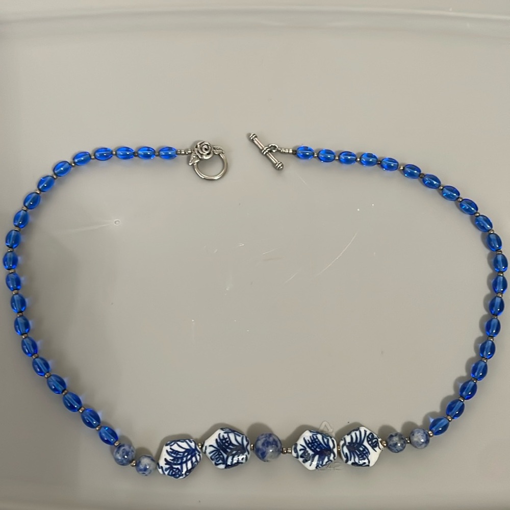 Blue and White Beaded Necklace - One Size
